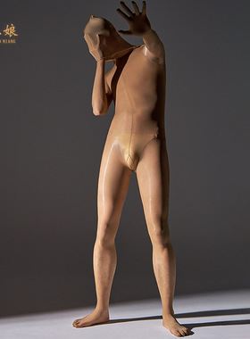 超薄全身衣油亮紧身连体衣马油袜防勾丝连裤性感后脱五指黑丝袜男