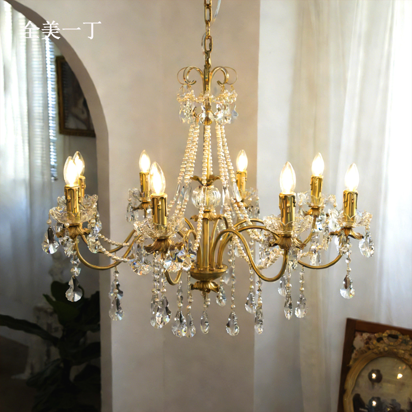 全美一丁法式复古黄铜水晶珍珠吊灯 浪漫水晶蜡烛灯餐厅卧室吊灯