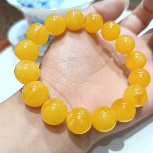 天然焦皮料鸡油黄蜜蜡圆珠手串 尺寸13.4MM 21.54克