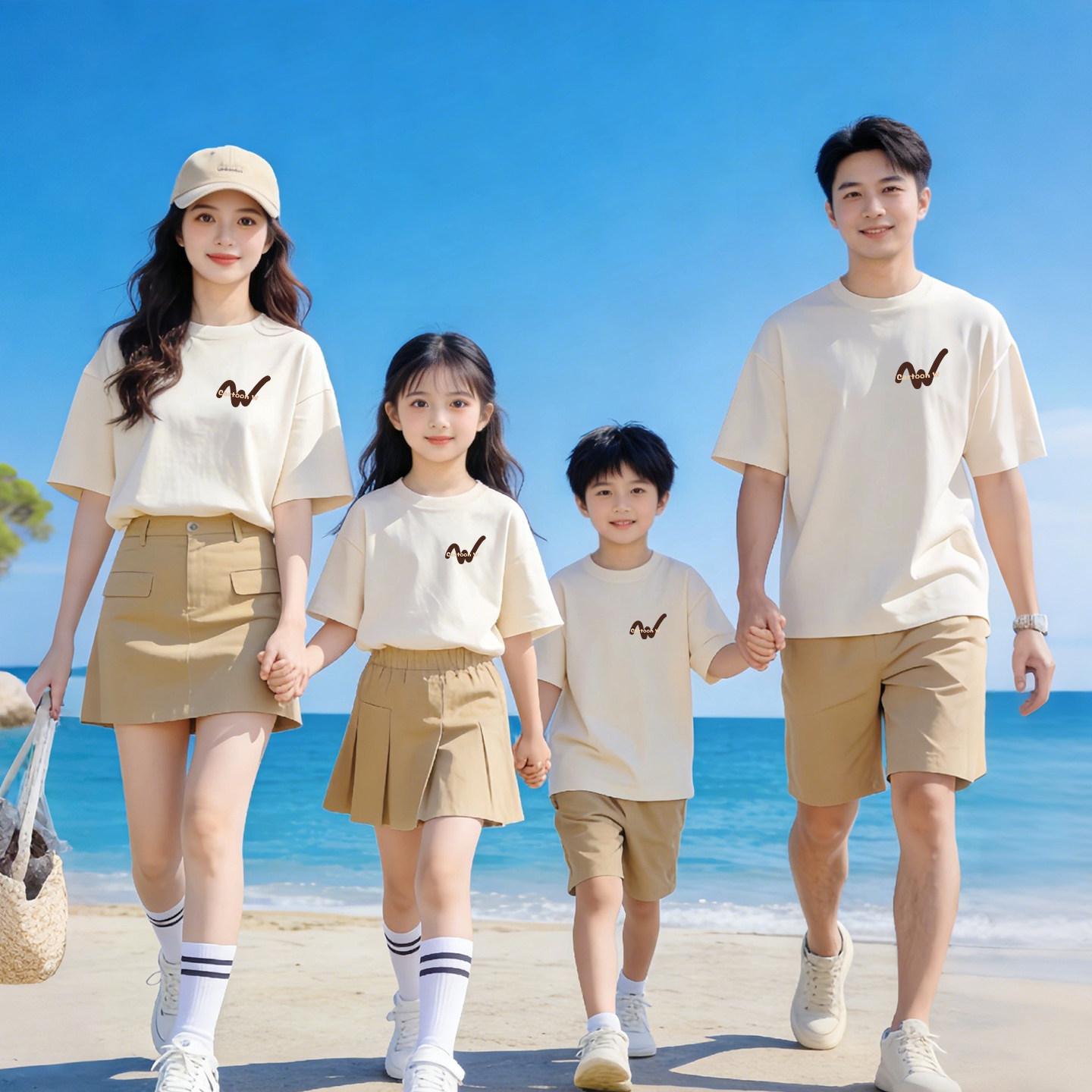 夏季纯棉亲子卡通短袖短裤套装