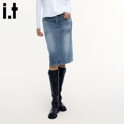 i.t GROUNDZERO韩系复古烫钻修身高腰显瘦开叉水洗牛仔直筒半身裙