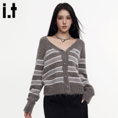 i.t 毛衣女 V领条纹针织开衫 GROUNDZERO 高级软糯浣熊绒小个子修身