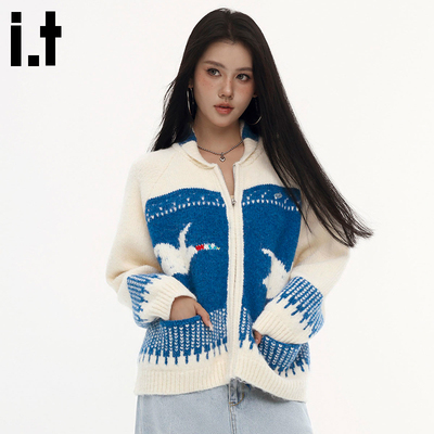 i.t GROUNDZERO韩系复古慵懒风软糯费尔岛提花拉链开衫针织毛衣女