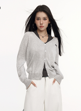 i.tGROUNDZERO 假两件拼色针织开衫女显瘦修身百搭外套上衣