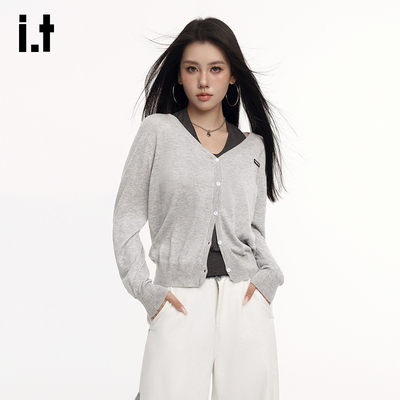 i.tGROUNDZERO 假两件拼色针织开衫女显瘦修身百搭外套上衣