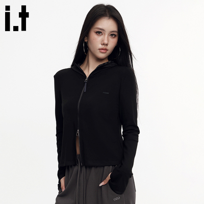 i.tGROUNDZERO美式复古修身拉链双拼连帽开衫长袖运动上衣T恤女