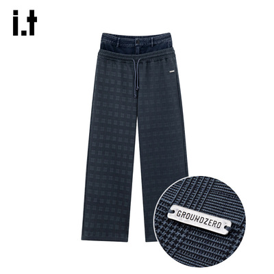 i.t GROUNDZERO美式复古撞色格纹拼接系绳高腰垂感直筒长裤女