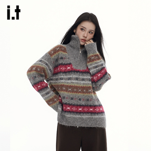 it:GROUNDZERO 复古条纹毛衣设计感针织衫慵懒风宽松休闲高领套头