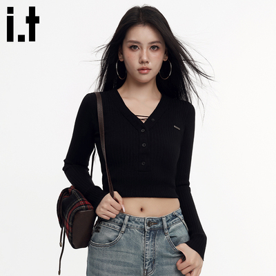 GROUNDZERO初秋美式打底百搭黑色半开领基础气质长袖毛衣针织衫女
