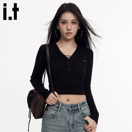 GROUNDZERO初秋美式打底百搭黑色半开领基础气质长袖毛衣针织衫女