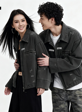 i.tGROUNDZERO情侣款水洗做旧翻领夹克新款酷感街潮磨损破洞外套