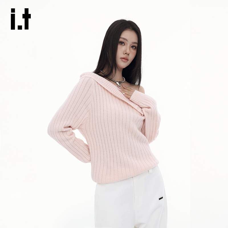 it:GROUNDZERO粉红一字领露肩针织衫休闲宽松设计感长袖潮牌毛衣