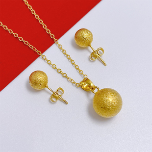铜镀金光面磨砂佛珠吊坠项链耳钉两件套简约个性跨境首饰套装