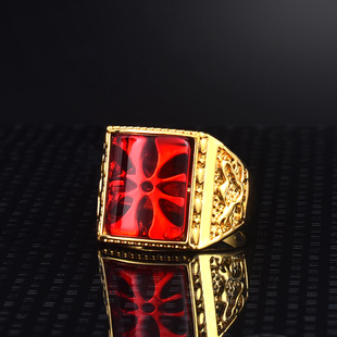 霸气男士戒指越南沙金红色仿水晶开口指环铜镀金高保色饰品