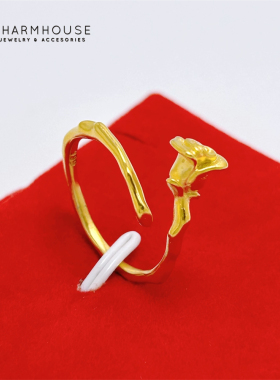 精品沙金戒指女铜镀金玫瑰花开口指环均码不掉色ins风个性饰品