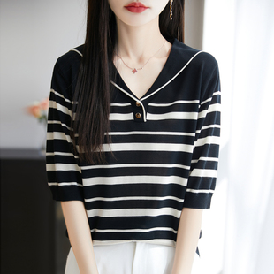 黑白条纹冰丝短袖t恤女夏季薄款宽松小众针织衫海军领减龄上衣潮