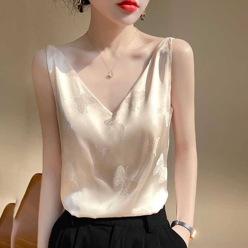 法式真丝吊带女内搭宽松蝴蝶白色醋酸宽带背心外穿缎面V领上衣夏