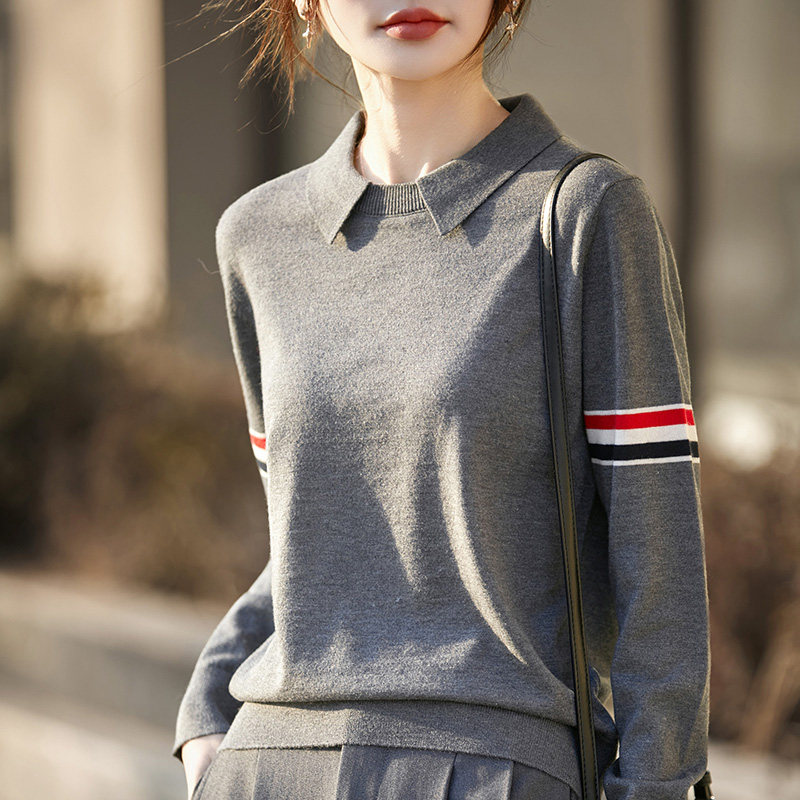 2026春新款精纺羊毛衫女假两件Polo翻领针织薄款毛衣宽松打底上衣