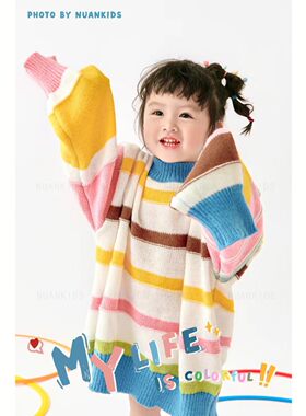 儿童摄影服装秋冬新女童彩虹毛衣