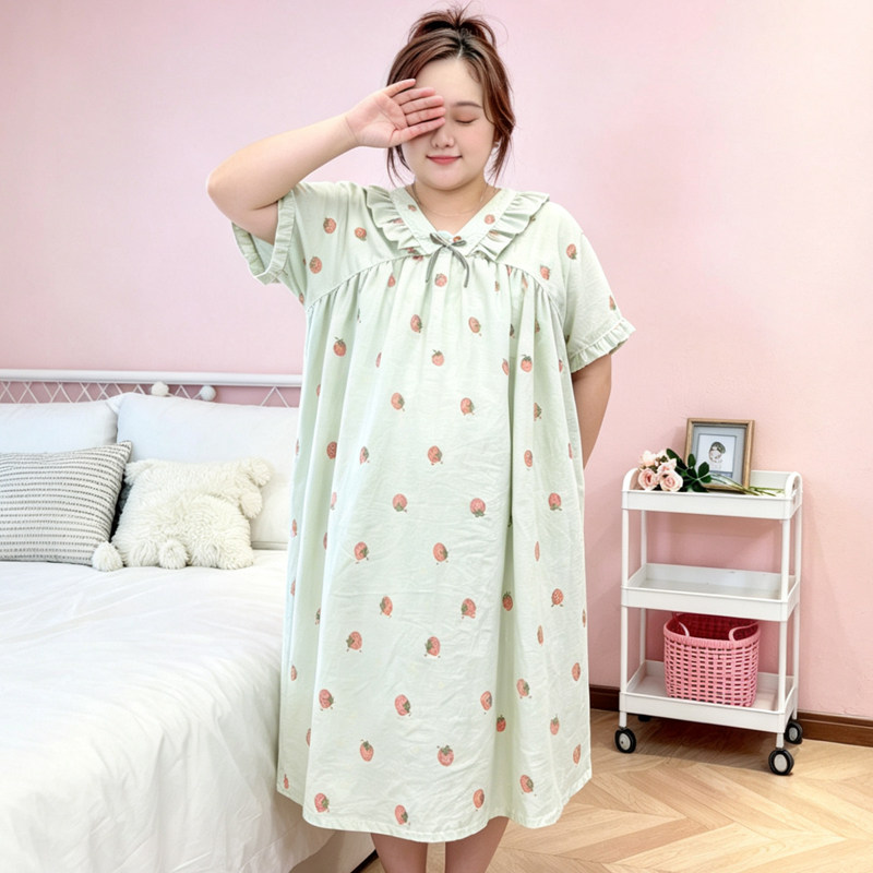 胖mm特大码V领睡裙200斤女士加肥加大薄款夏季宽松短袖娃娃版睡裙