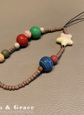 高级感彩色串珠星星手机链挂件ccd相机挂绳手腕式珠饰相机挂饰女