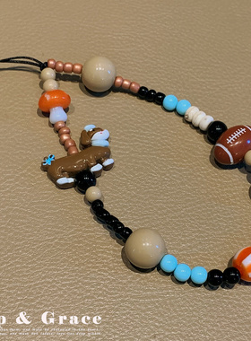 橄榄球小狗手机链可爱串珠挂件ccd相机挂饰ins包包挂链相机链珠链