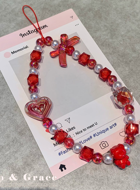 Grip Grace新年红色熊串珠手机链相机包包挂饰钥匙扣手机壳挂绳