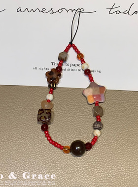 可爱串珠手机链挂绳挂件钥匙扣红棕色手腕式手机挂饰手机挂链百搭