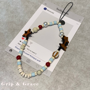 ins小众木质小狗星星串珠手机链ccd相机包包挂饰手机壳挂绳链条