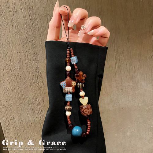 GripGrace复古美拉德豹纹蓝棕星星串珠手机挂链ccd相机挂饰手腕绳