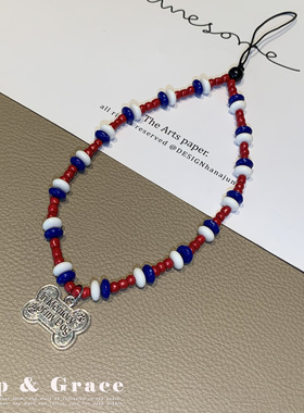 小众设计红白蓝串珠手机链挂件银牌吊坠百搭创意手机挂饰手机挂绳