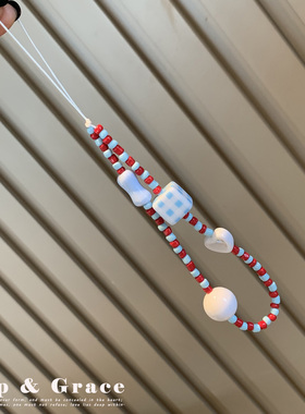 时尚彩色串珠手机挂链可爱爱心钥匙扣通用挂件彩珠子手机绳小挂件