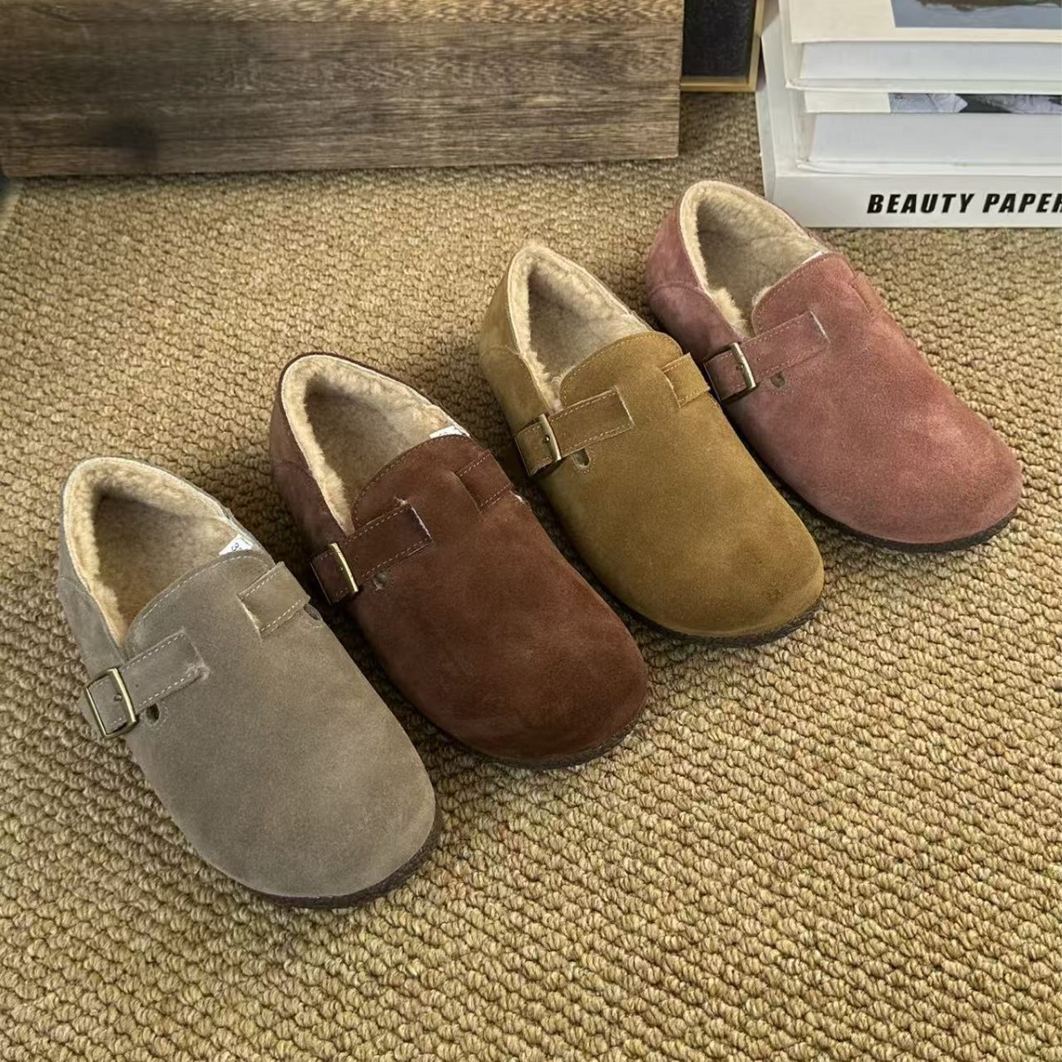 冬季加绒保暖勃肯鞋森女文艺休闲平底鞋反绒牛皮一脚蹬平底棉鞋