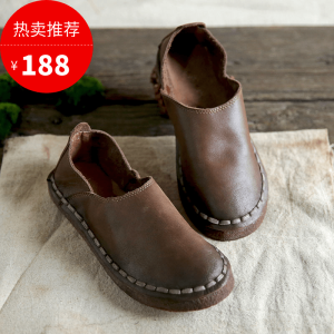森系文艺复古手工真牛皮女鞋简约懒人鞋一脚蹬牛筋平底单鞋奶奶鞋