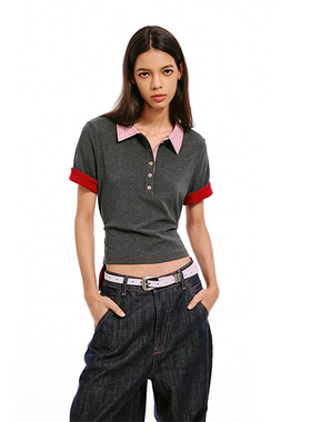 SHALL NOT UNTRUE 复古撞色拼接polo衫T恤女绑带收腰显瘦短袖上衣