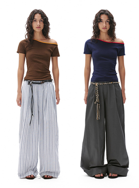 SHALL NOT UNTRUE 复古撞色斜肩上衣女短款露肩修身显瘦短袖T恤