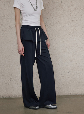 SNU 原创设计荷叶边裙摆黑色休闲裤女夏季阔腿宽松垂坠感显瘦裙裤