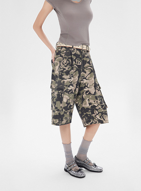 SNU 原创设计迷彩工装短裤女夏季美式复古五分裤直筒宽松休闲中裤