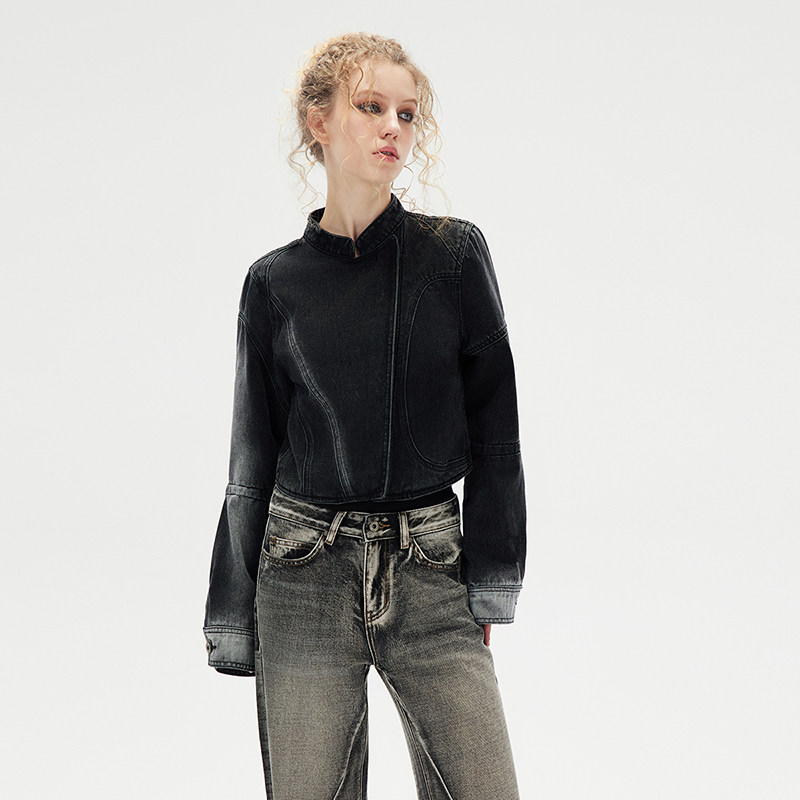 SNU 原创解构设计牛仔外套女早春机车风水洗复古立领拉链夹克上衣,女装/女士精品,短外套,淘宝优惠券,粉丝福利购,淘宝优惠卷