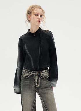 SNU 原创解构设计牛仔外套女早春机车风水洗复古立领拉链夹克上衣