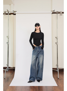 SNU 原创低腰阔腿牛仔裤女复古水洗直筒垂感宽松显瘦休闲拖地长裤