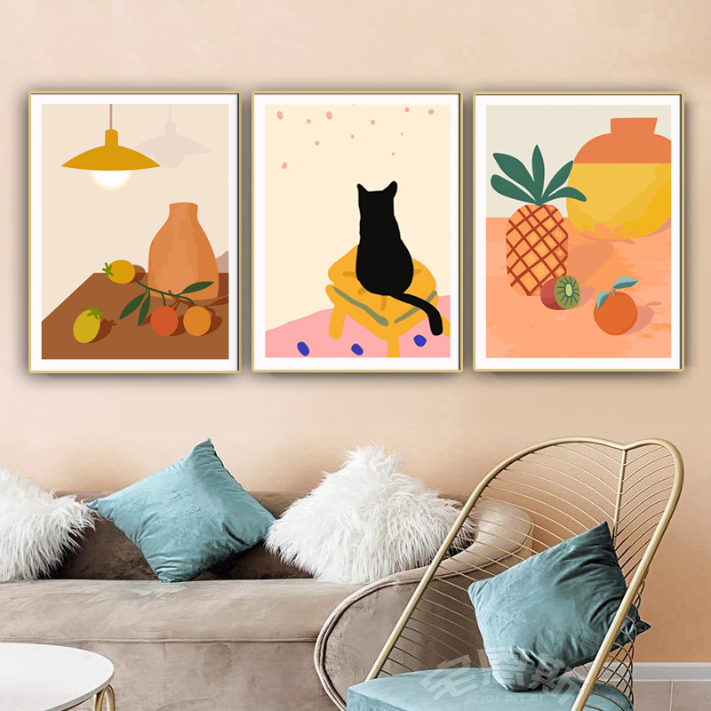卡通手绘猫咪儿童房免打孔装饰画植物花卉客厅简约三联画宠物店挂图片