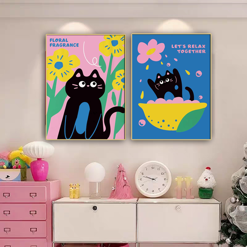 多巴胺粉色趣味猫咪免打孔装饰画可爱卧室卡通墙画照片墙桌面摆画图片