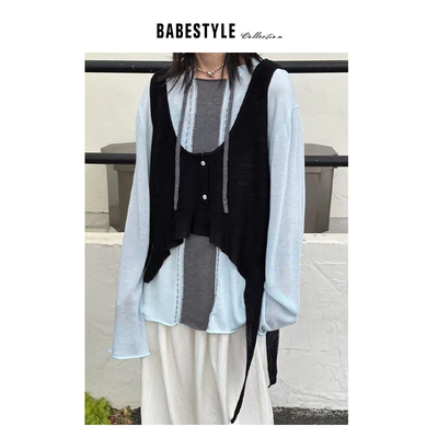 BABESTYLE | “叠穿模范生”日式文艺简约飘带设计宽松短针织背心