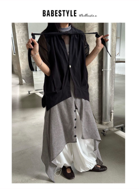 BABESTYLE |“暗黑曜石” YSS 首尔小众设计压褶飘带V领宽松马夹