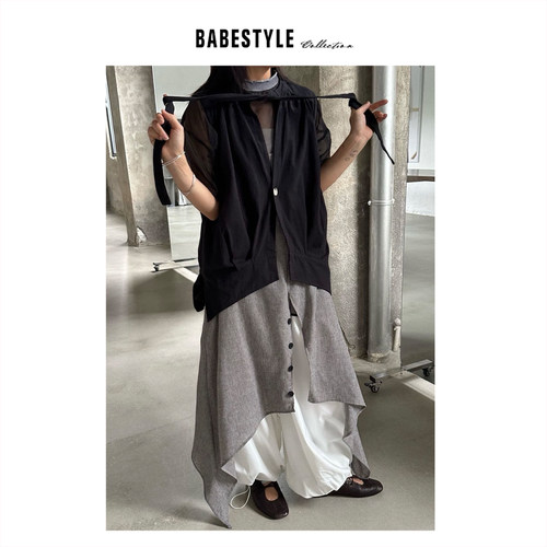 BABESTYLE |“暗黑曜石” YSS 首尔小众设计压褶飘带V领宽松马夹