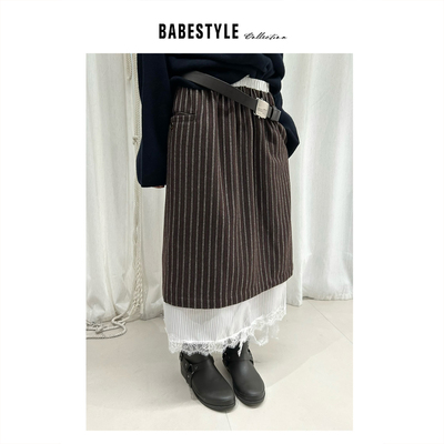 UNTime+条纹拼蕾丝+羊毛裙