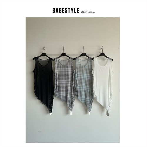 BABESTYLE |“日杂风” 复古格纹两侧边抽绳褶皱网纱叠穿长背心