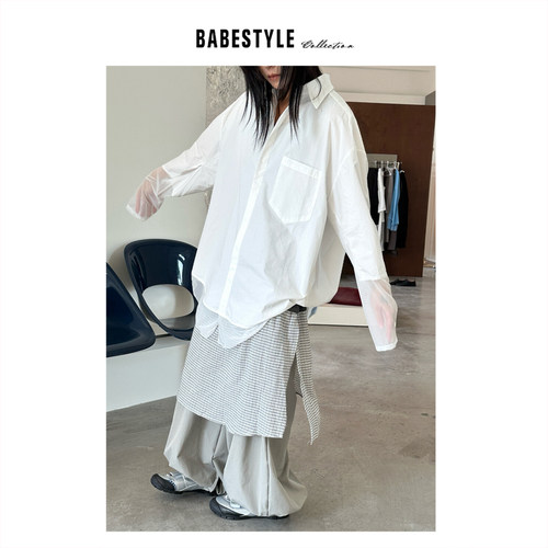 BABESTYLE |“空白”首尔慵懒气质极简拼纱设计宽松长款休闲衬衫
