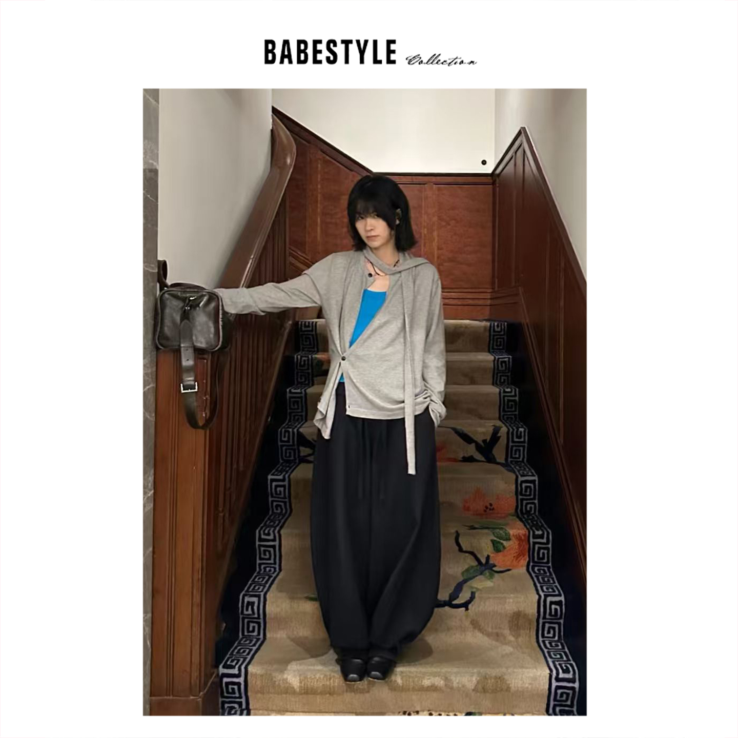 BABESTYLE |“有趣”首尔不规则美学分割剪裁飘带设计含羊毛开衫